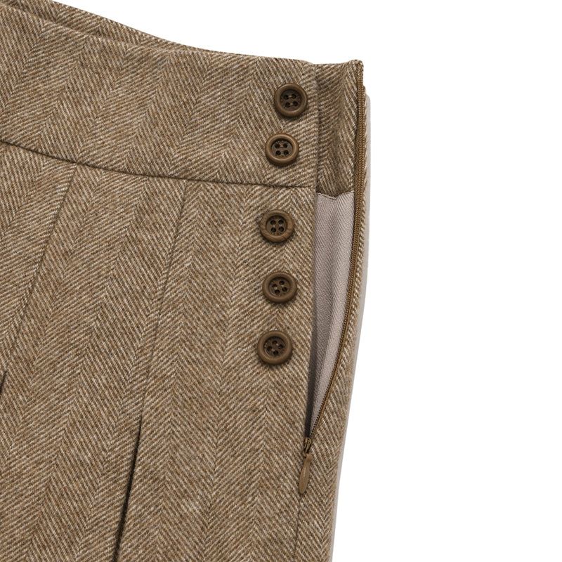 CHERRY BUTTON POINT PLEATS SKIRT[DARK BEIGE]