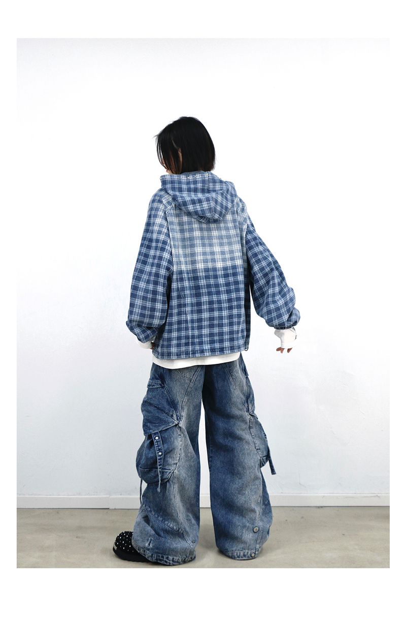 RELABEL (Gemeng) Stud-embellished, printed, gradient-wash checked hooded denim sweatshirt
