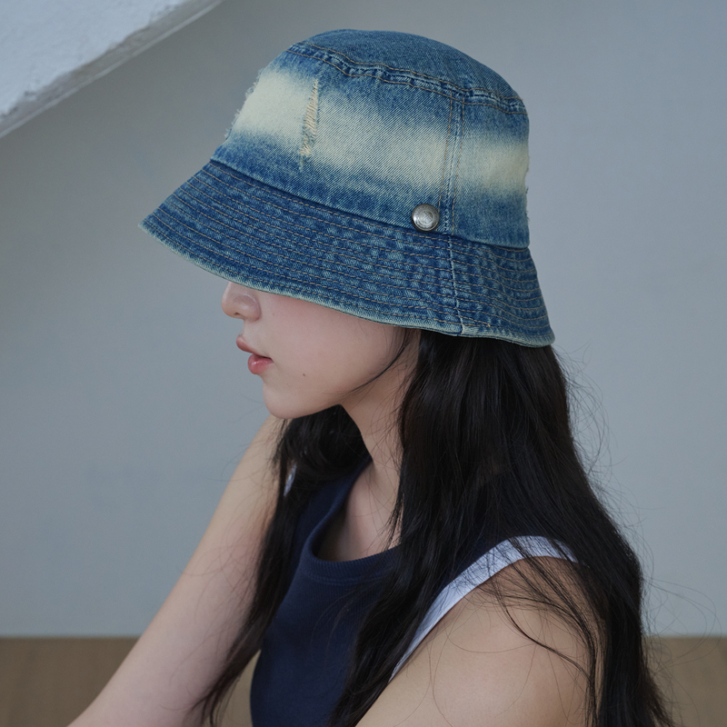 Vintage Bleaching Denim Bucket Hat (Dark Blue Denim)
