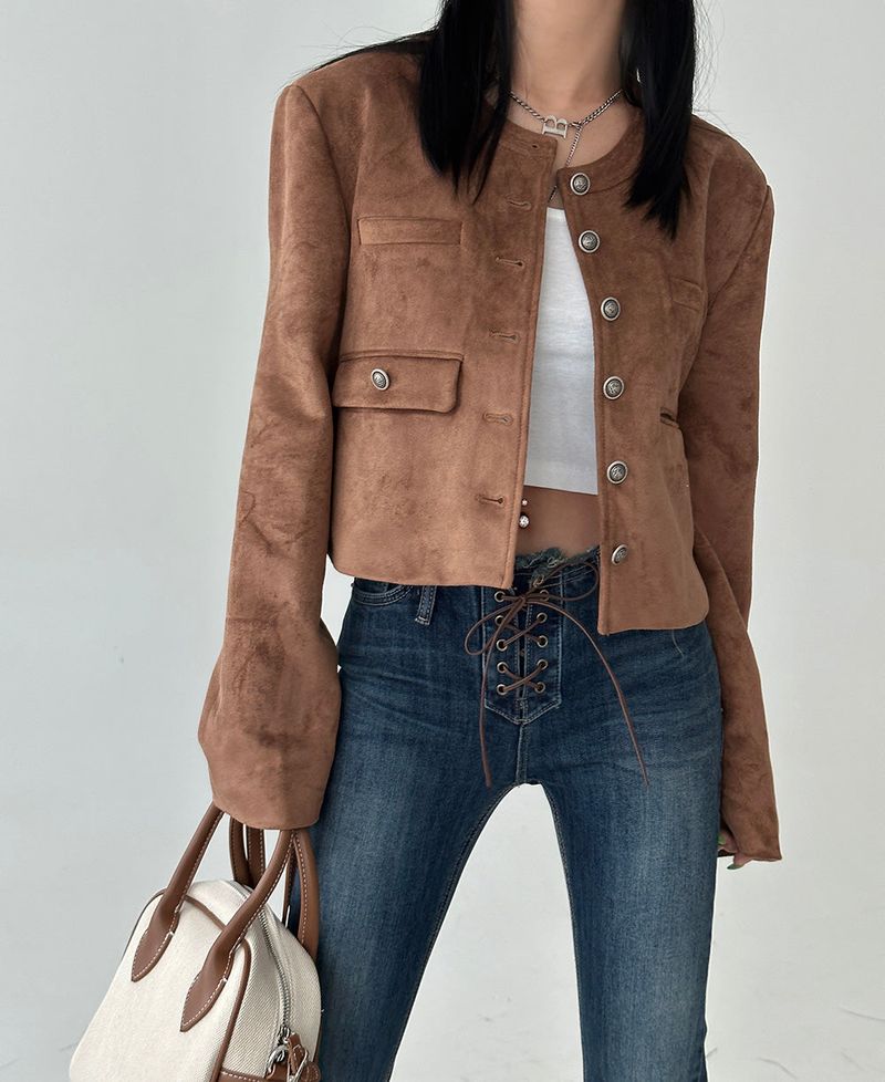 a no-collar suede jacket