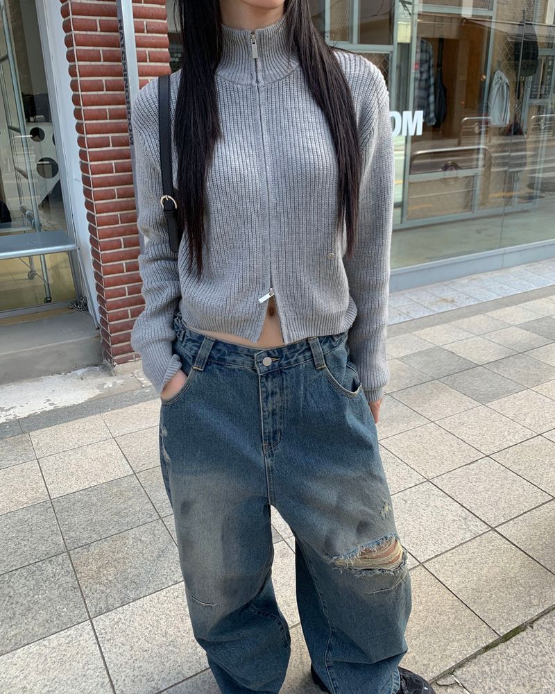 (Unisex) ボタンダメージデニムパンツ