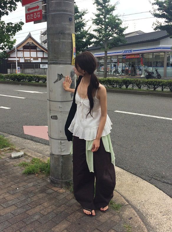 Soven Curved Balloon Cotton Wide Pants