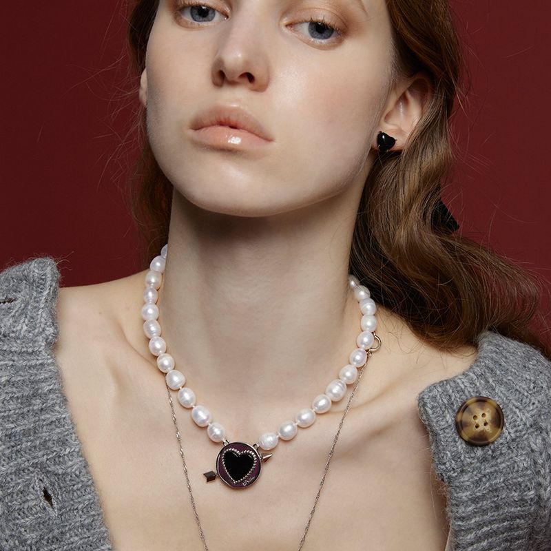 Cupid Heart Pearl Necklace_Silver