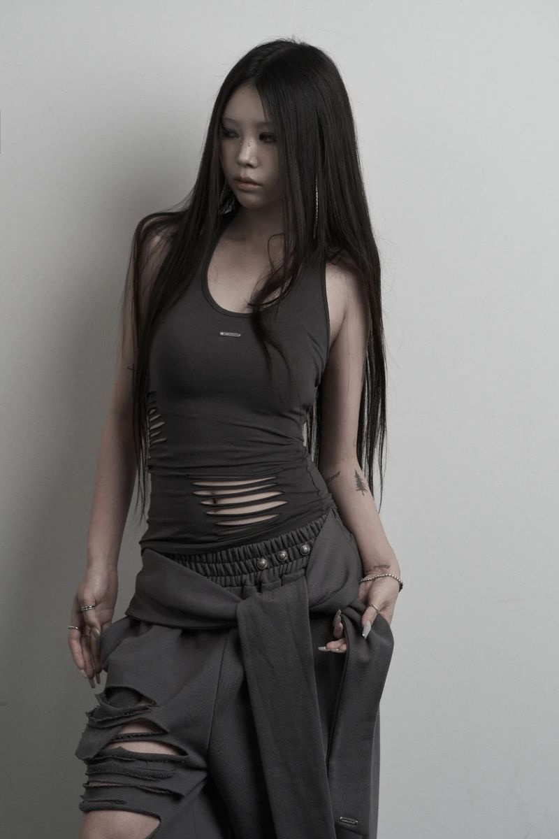 [label] layered tie damage wide pants (charcoal)