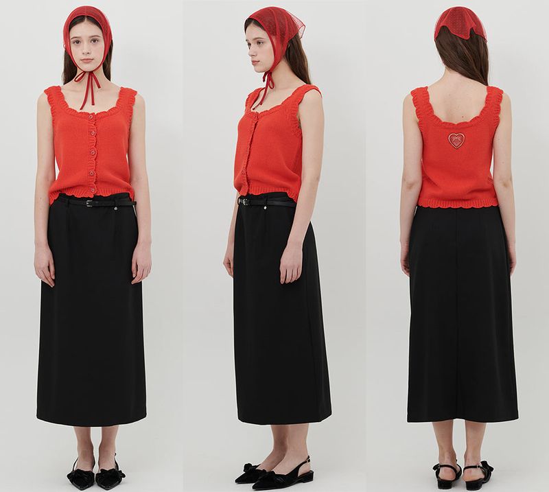 HEART SCALLOPED KNITTED TOP [RED]