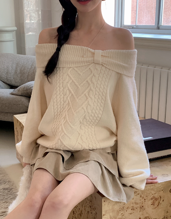 Present Ribbon Twist Loose Off Shoulder Knit (4color)