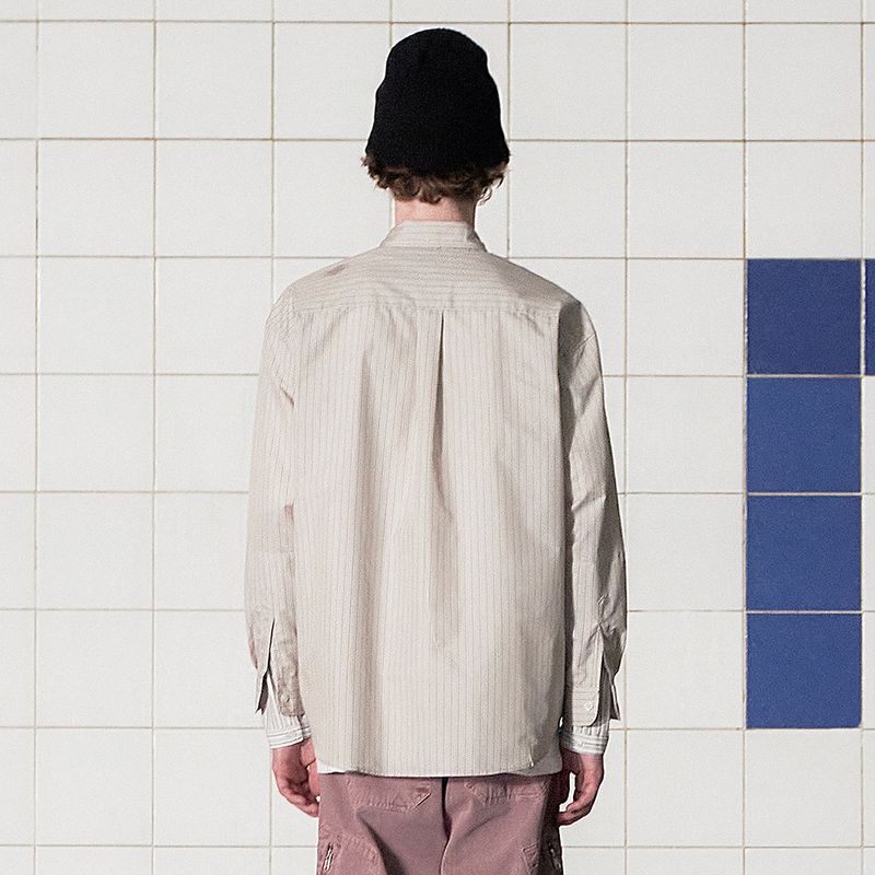 LAYERED CUFFS STRIPE SHIRT / BEIGE