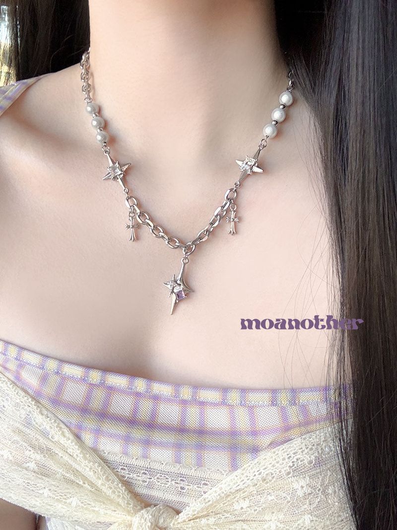 [Surgical Steel] パールクロスキュービックネックレス
