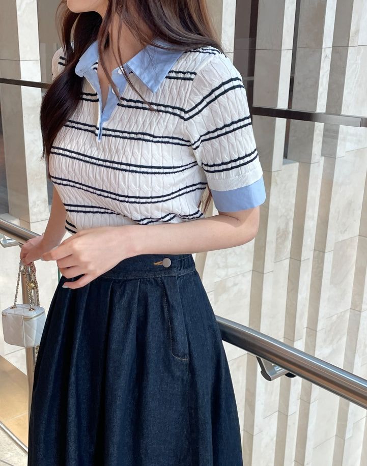 Monta Color Matching Collar Stripe Cable Knit
