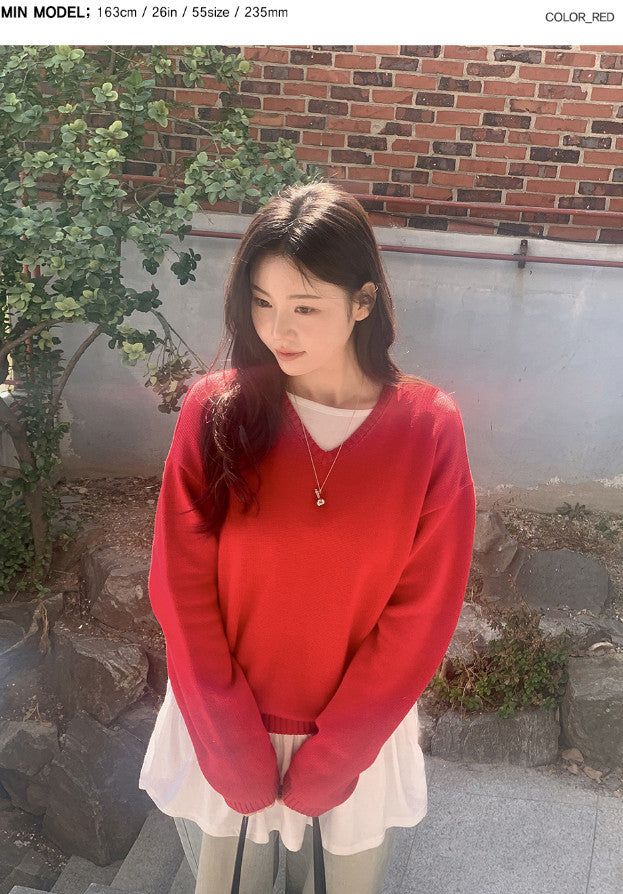 Again Basic Cotton Loose Fit V-neck Knit (5color)