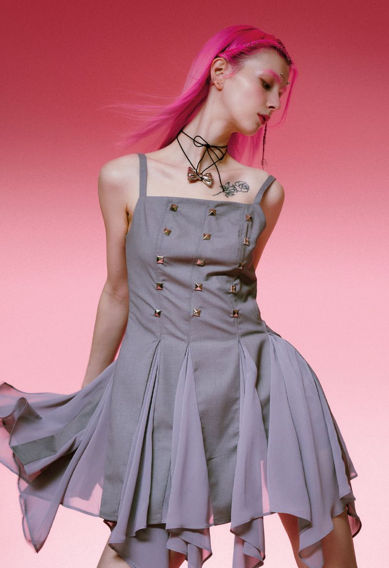  STUDDED GODET DRESS (GRAY)