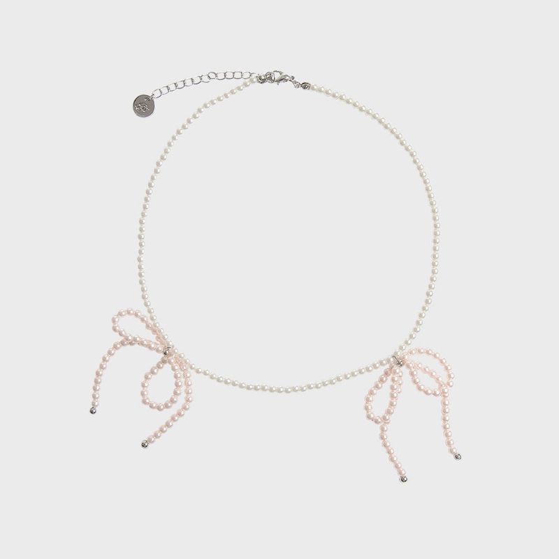 TWIN BOW PEARL CHOKER NECKLACE_BABY PINK