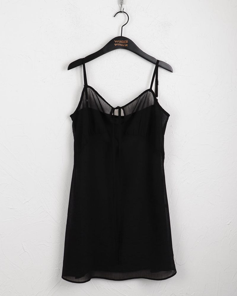 Haple see-through slit ribbon strap layered tank top mini dress