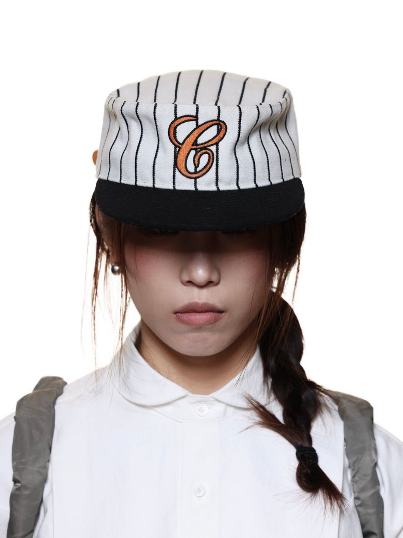 6CRAYON  Retro Flat Top Baseball Cap - Striped Wool Blend with Embroidered Letters