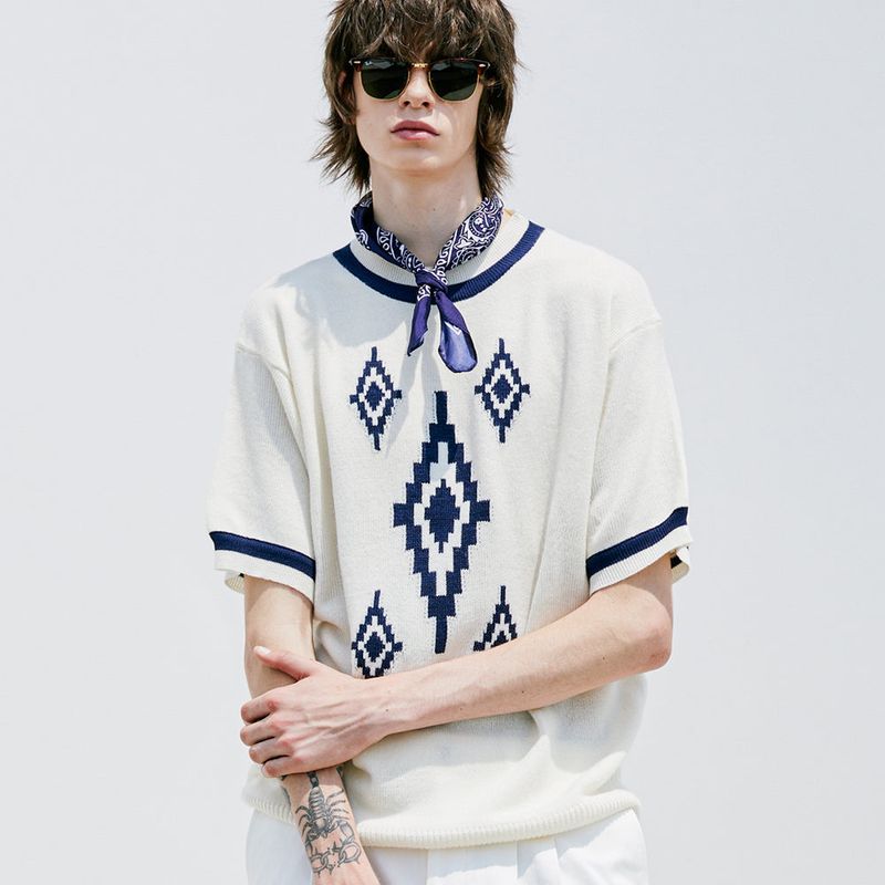 NAVAJO PATTERN RINGER HALF KNIT CREAM