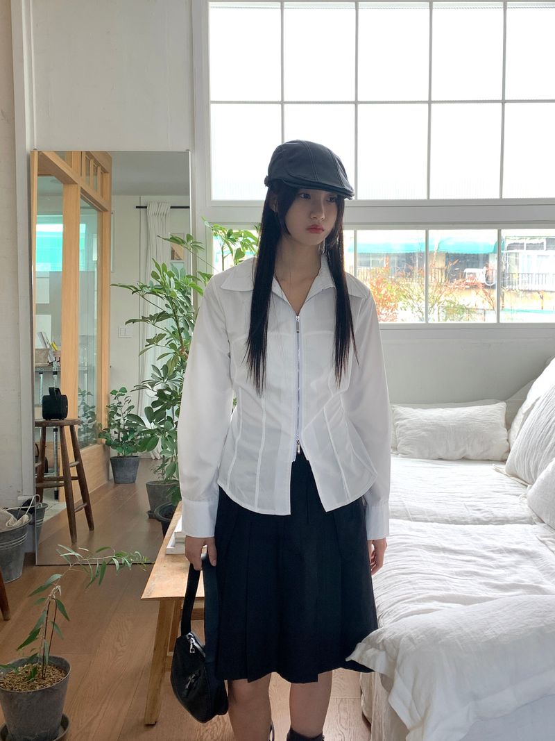 Philty strap cut-out zipper collar zip-up shirt jacket