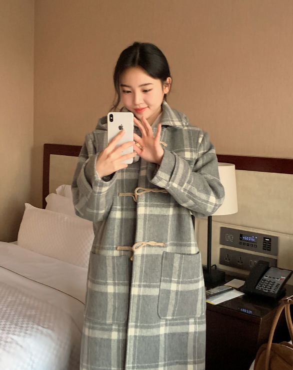 [SHOPPERMADE] Ash Gray Check Wool Long Duffle Coat