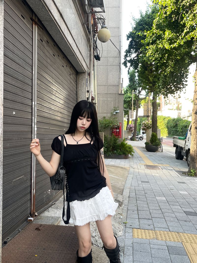 Tommy off-shoulder ribbon sheer top