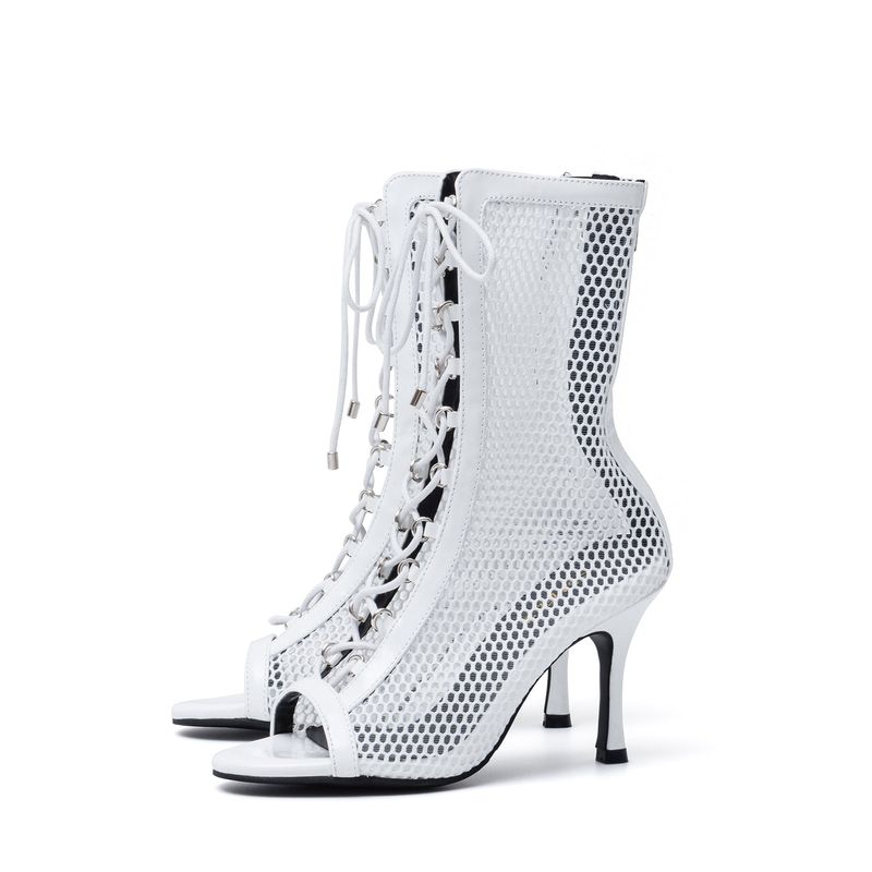 Mesh Lace-Up Open Toe Heel(White)