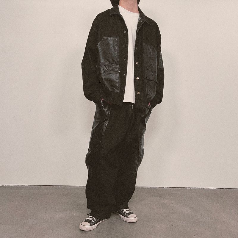faux leather mix denim shirt_black
