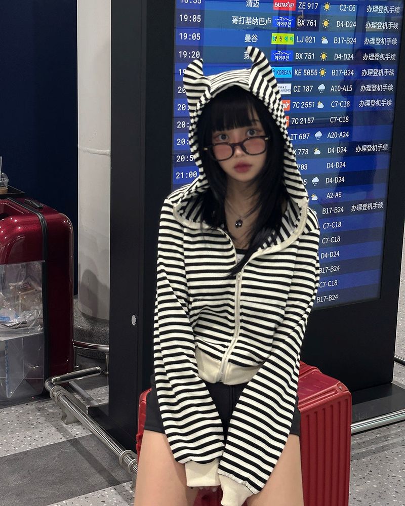 Angma Eared Hooded Stripe Zip-Up Jacket
