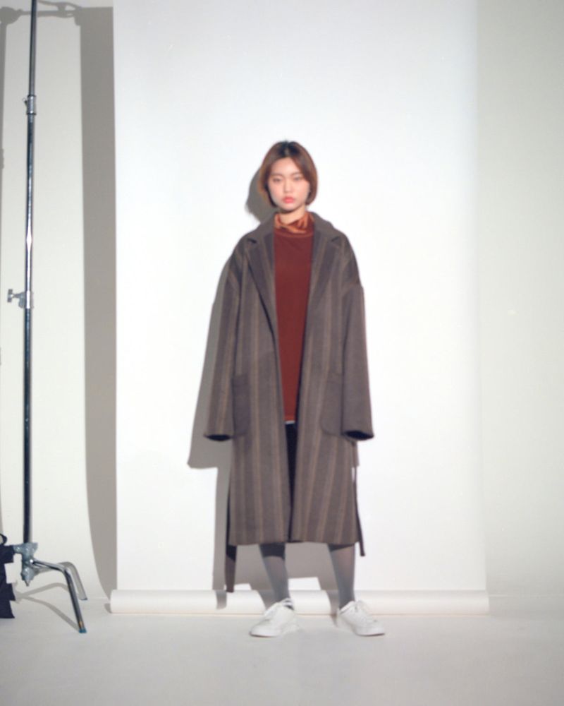 STRIPE COMBINATION WOOL ROBE COAT (Brown)