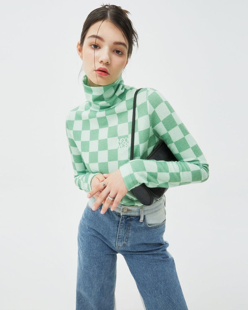 CHECKER BOARD TURTLENECK KNIT-GREEN