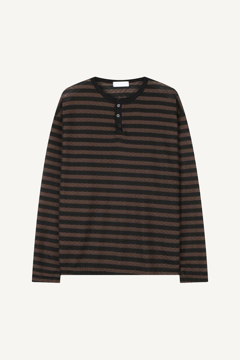 Striped Henley neck long sleeve knit