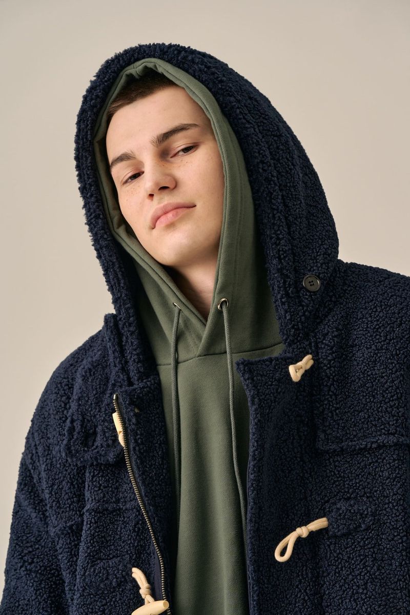 DUFFLE FLEECE HOODED COAT - NAVY