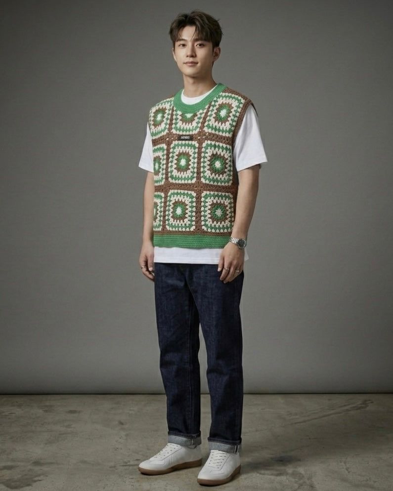 Green&Brown Crocher Knit Vest