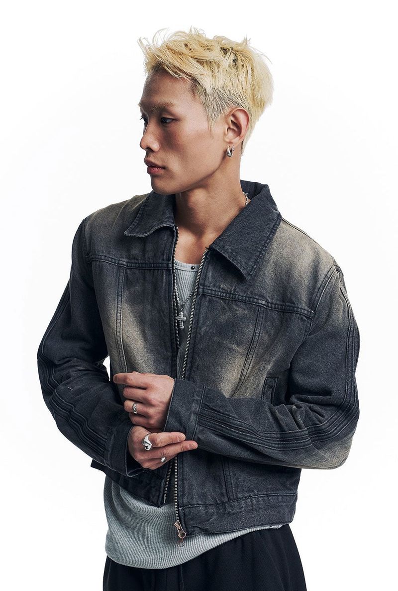 Washed Crop Track Denim Jacket - Black