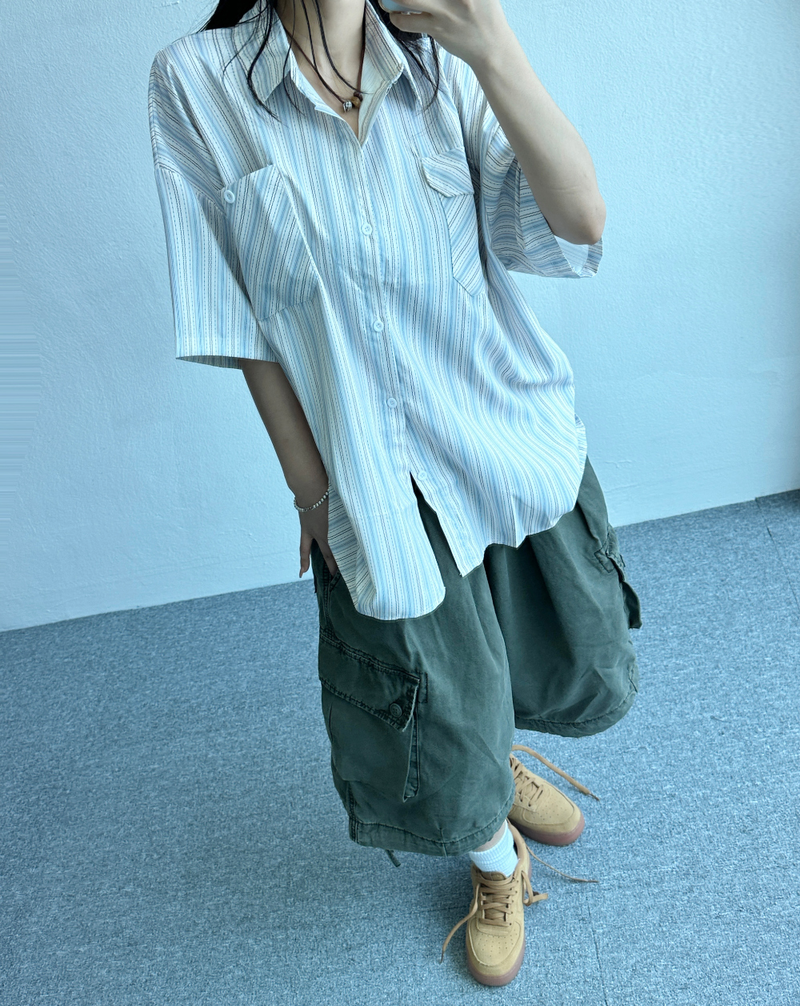STRIPED STRIPE OVER SHIRT💚💛🤍