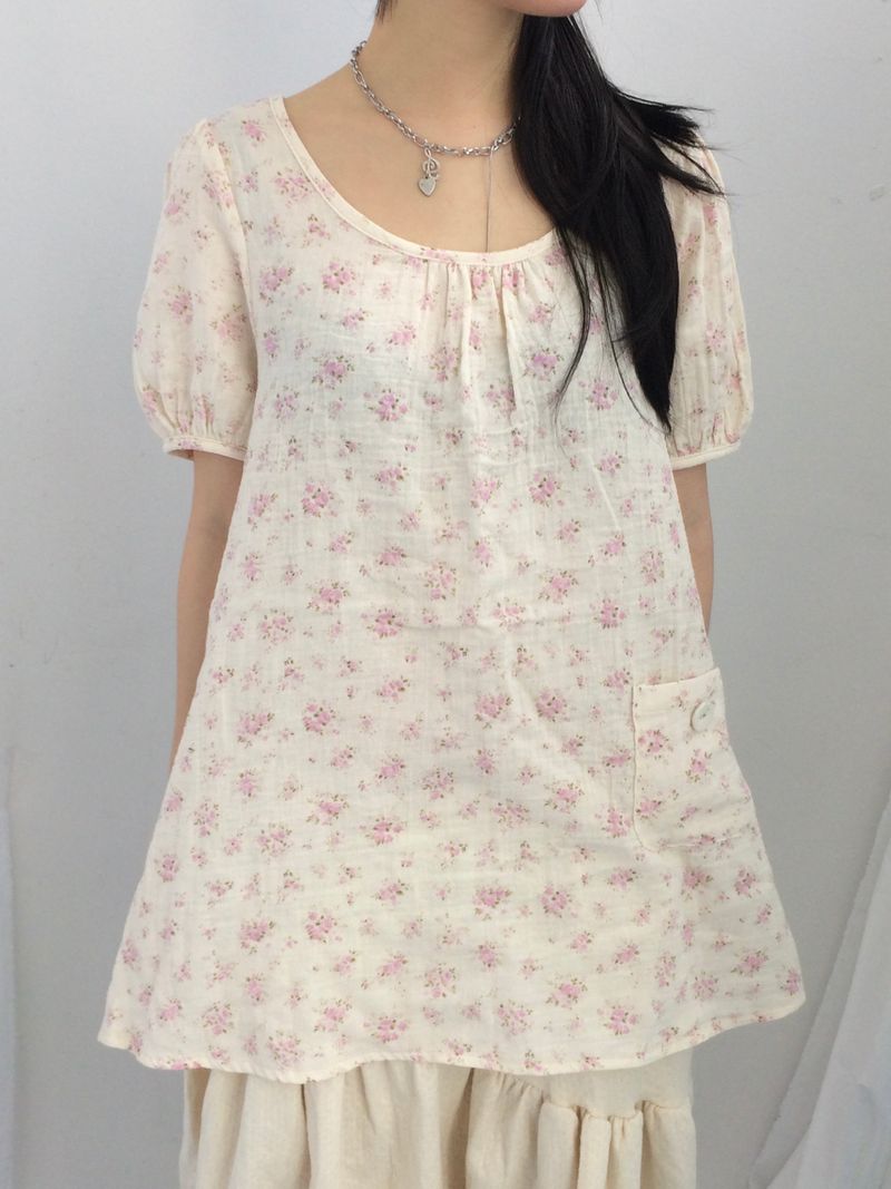 Pocket button puff blouse