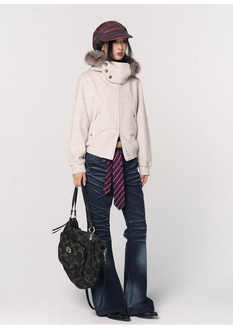 CONFUN Design sense three-dimensional cat whiskers, aged washed flared jeans style