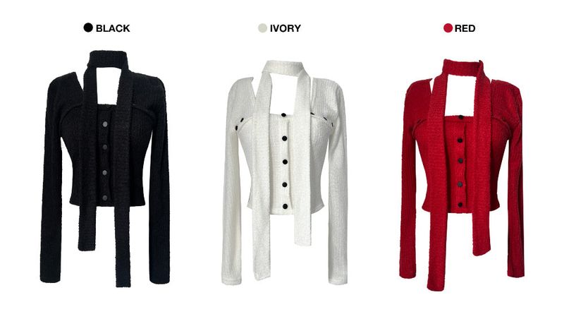 Winter wool square neck button ribbed long sleeve muffler SET (3 colors)