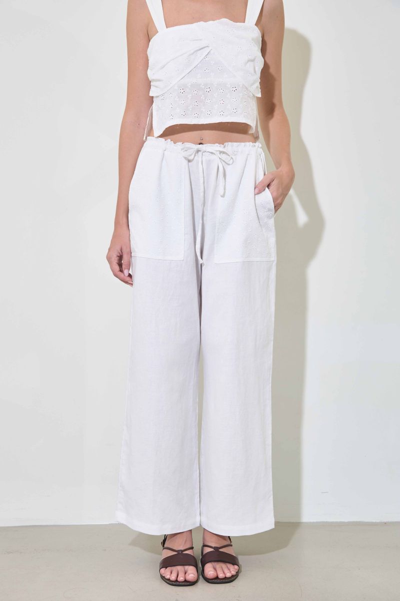 EMBROIDERY POCKET LINEN PANTS / WHITE