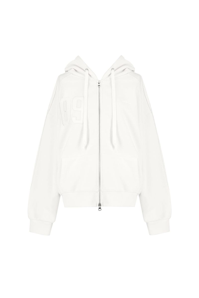 09 Numbering hooded zip-up, White