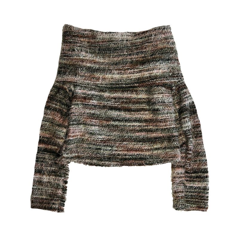 Color combination angora off-shoulder knit