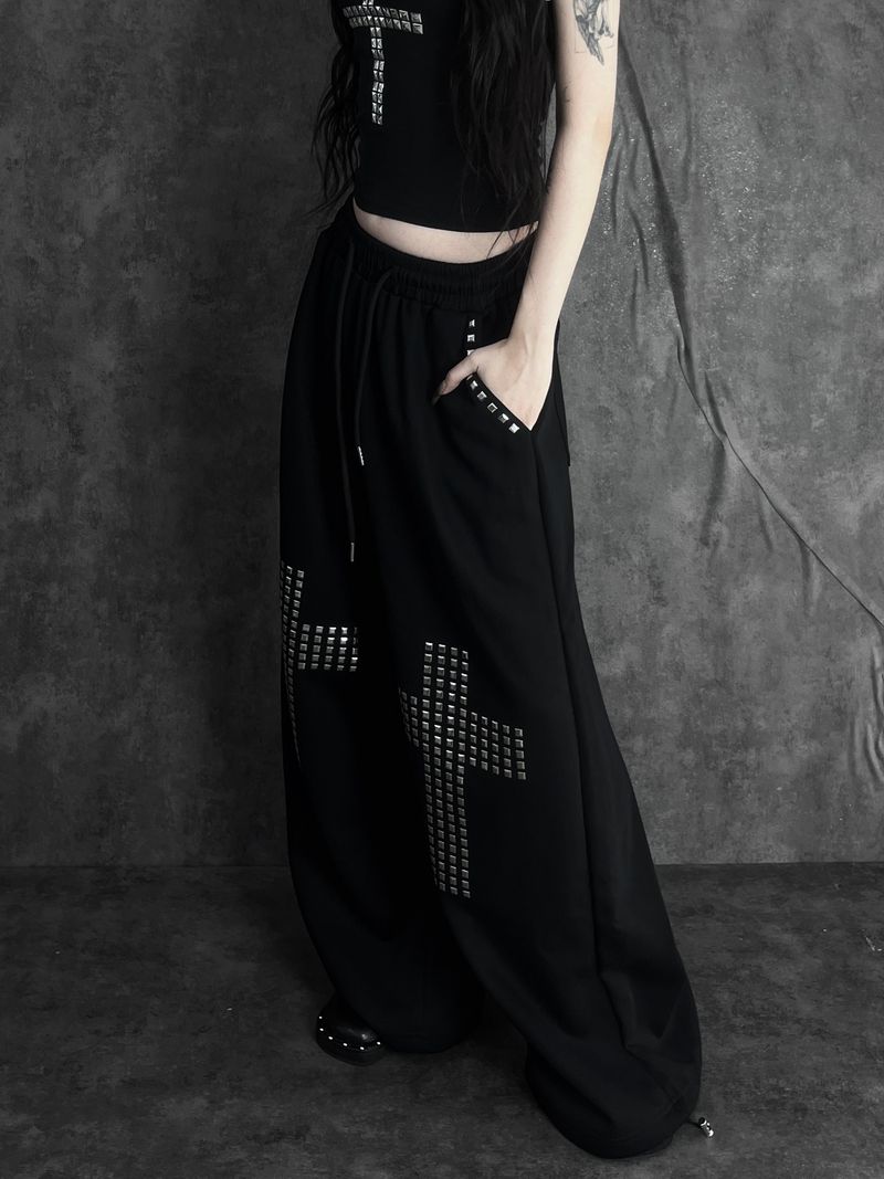 metal stud cross wide pants