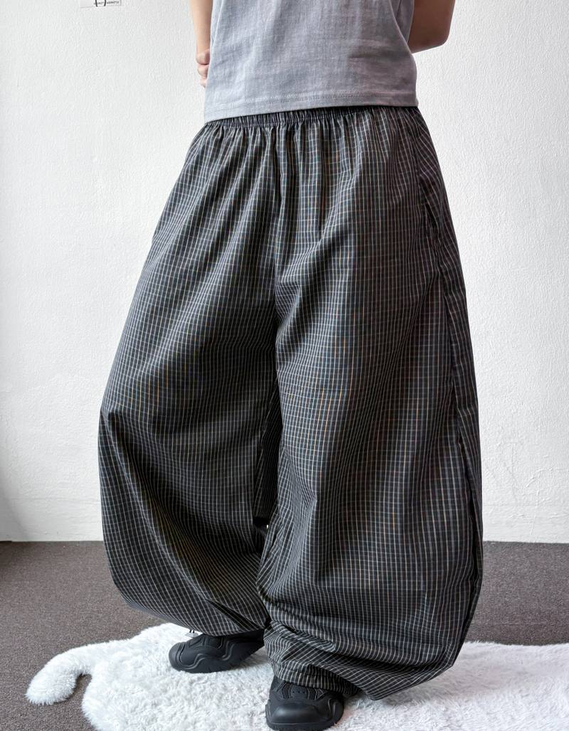 Fluffy Check Elastic Waist Balloon Pants 2Color