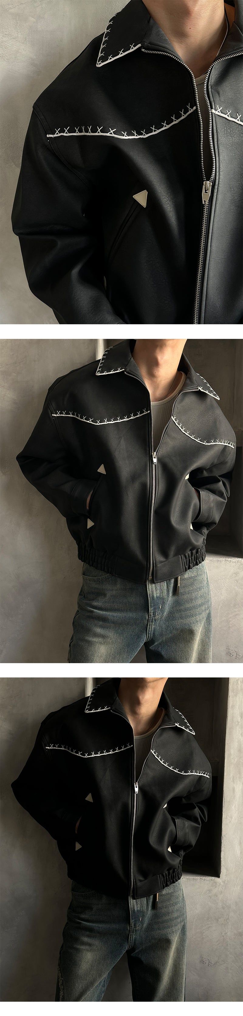  [PREMIUM][HANDMADE] Stitch western leather blouson(2color)