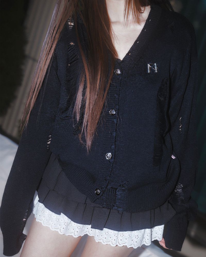 Bloom emblem demage Knit Cardigan