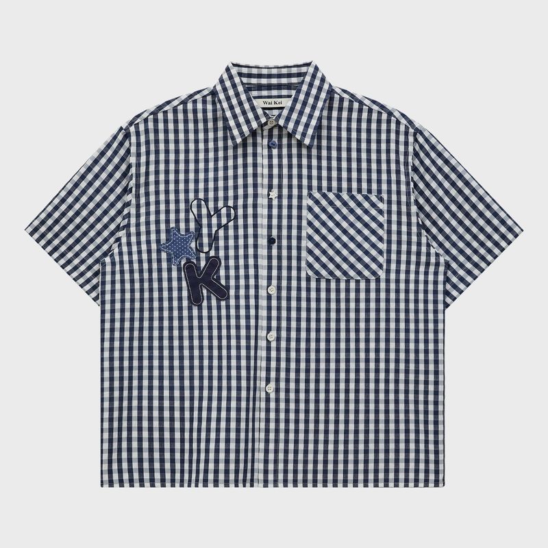 Check Applique Button Half Shirt