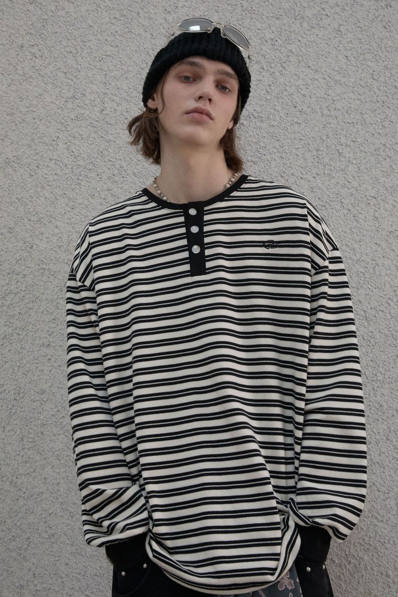 Stripe Henry neck T-shirt - Black