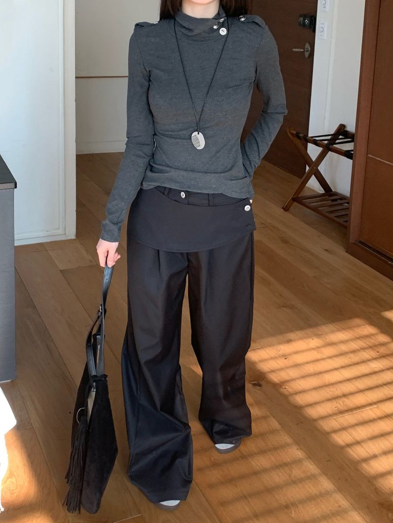Close Pintuck Wrap Two Button High Waist Long Wide Pants