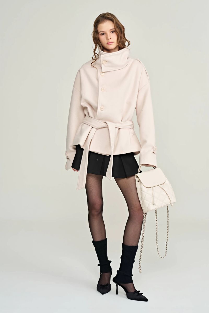Cream rose high-neck wool coat, Baby Pink