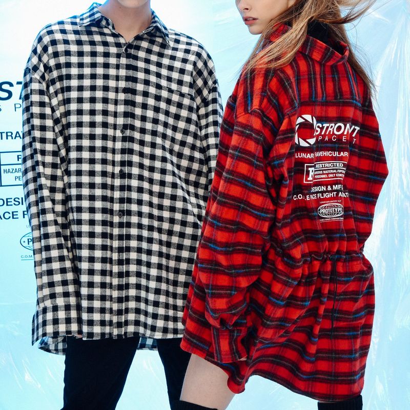 [UNISEX] Oversized Drawstring Checked Shirt (BLACK)