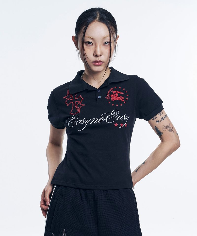 EASY NO EASY（イージーノーイージー）の「ホースエンブレム刺繍カラーTシャツ - ブラック（トップス）」