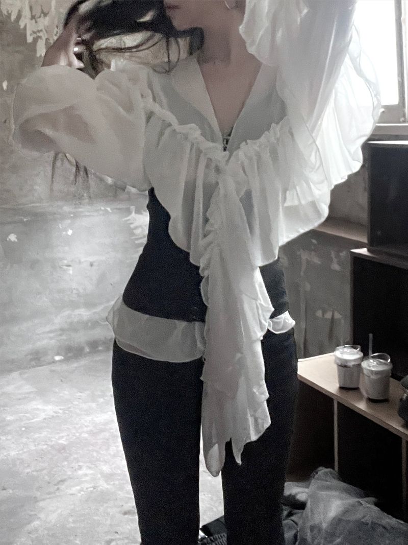 chiffon ruffle v-neck sheer blouse (2color)