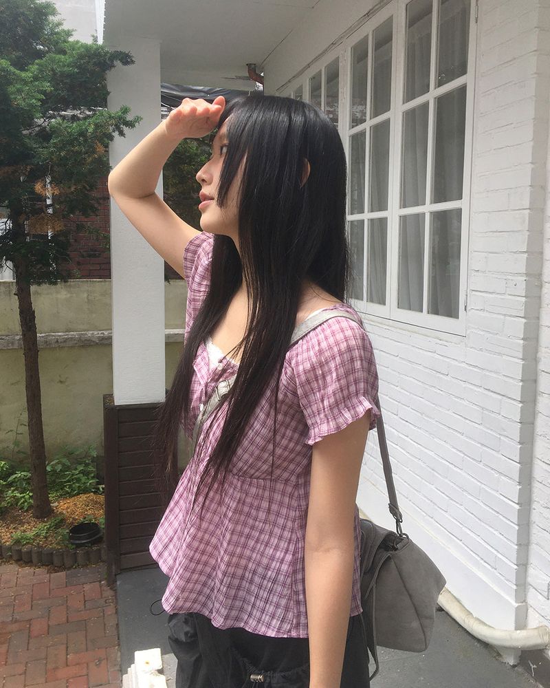 Lizzy Checkered Puff Shirring Blouse